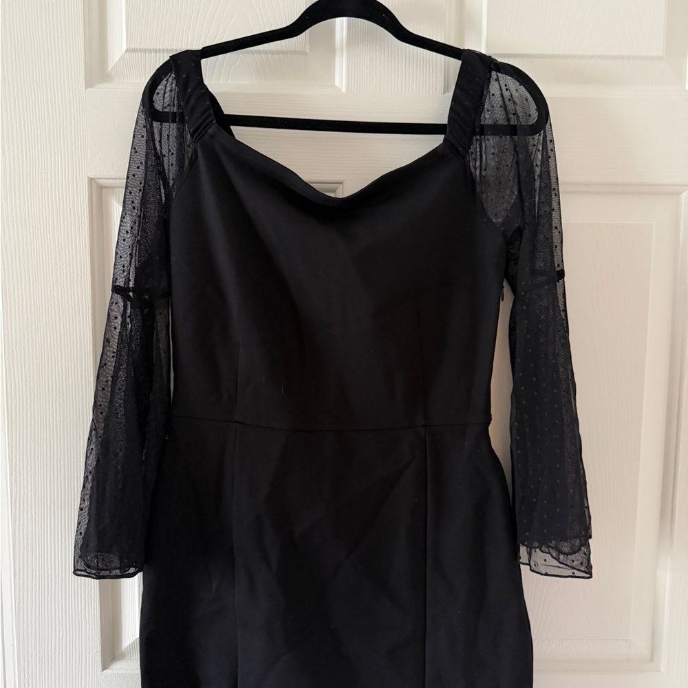French Connection Black Dress with Sheer Polka Dot Sleeves
